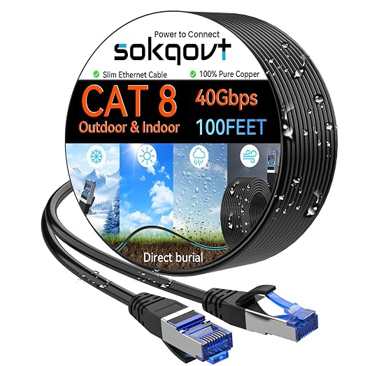 Sokqovt Cat 8 Ethernet Cable Slim 100ft Outdoor&Indoor, Pure Copper Cat8 by Unknown