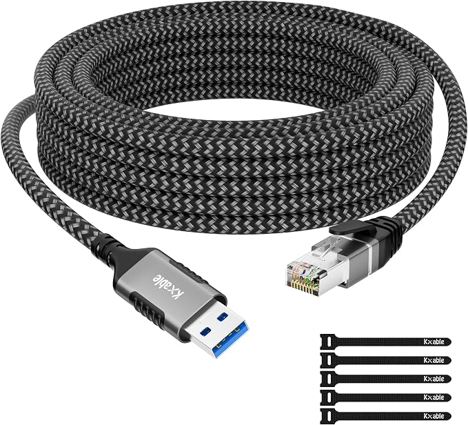 USB to Ethernet Cable 4 FT, 3.0 A Male to RJ45 Male Cord, Directly Connected by Kxable