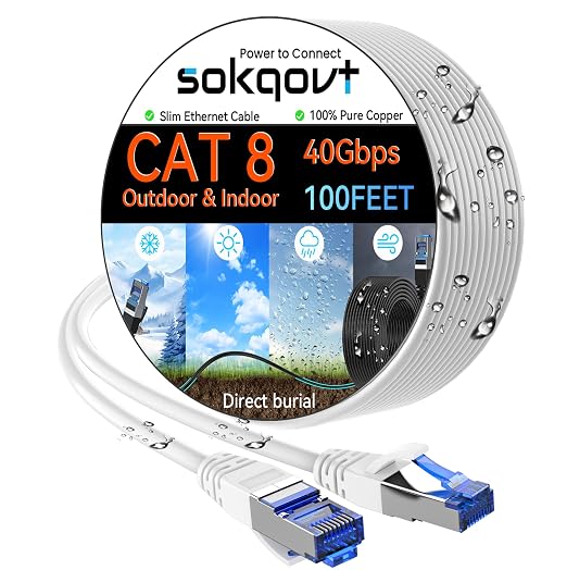 Sokqovt Cat 8 Ethernet Cable Slim 100ft Outdoor&Indoor, Pure Copper Cat8 by Unknown