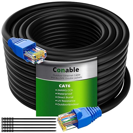 Cat6 Outdoor Ethernet Cable 25ft, Heavy Duty Double Jackets Internet Cord by Conable
