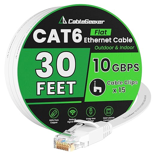 Cat 6 Ethernet Cable 30 ft, Indoor&Outdoor, High Speed 10Gbps Flat Internet by CableGeeker