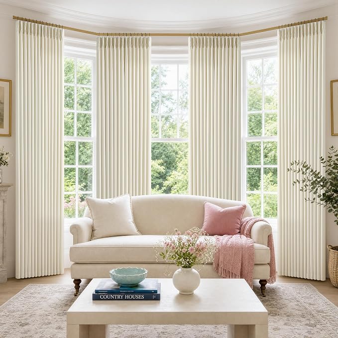 Cream Beige Pinch Pleated Linen Curtains 120 Inch 4 Panels Set by Twodrapes
