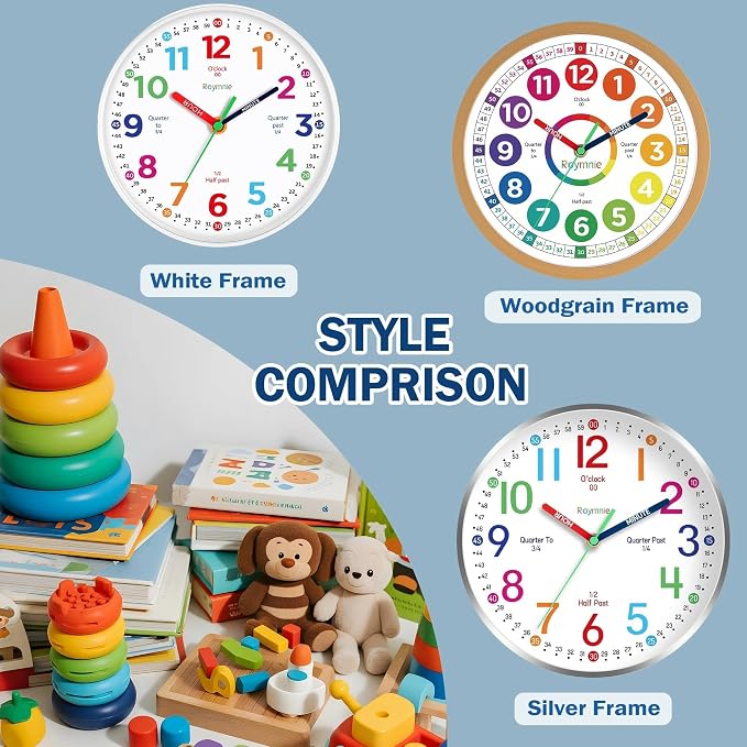 Roymnie Wall Clock for Kids Learning to Tell Time Analog Non Ticking Battery - Image 5