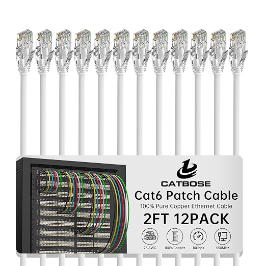 2 Feet Cat6 Patch Cables, Solid Pure Copper Patch Cord, Cat 6 Ethernet Cable by CatBose