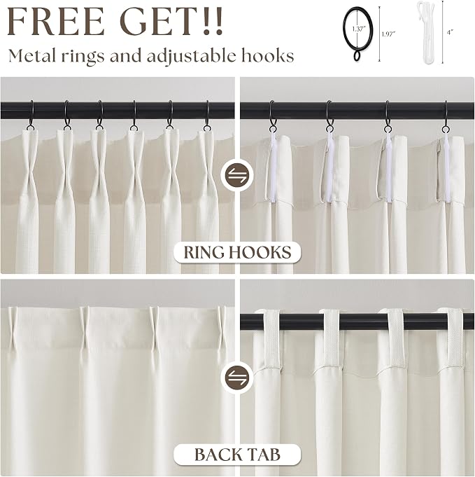 Pinch Pleat Linen Curtains 102 Inches Long 4 Panels Set Ivory Cream Memory - Image 5