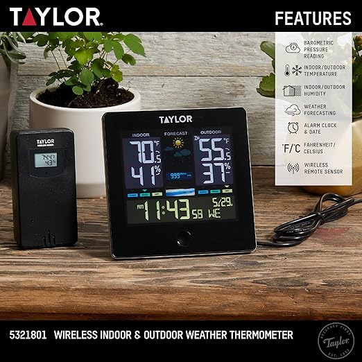 Taylor Digital Wireless Deluxe Indoor Outdoor Thermometer, Weather Station - Image 2